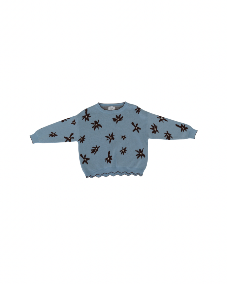 Light blue sweater with brown patterns on a white background